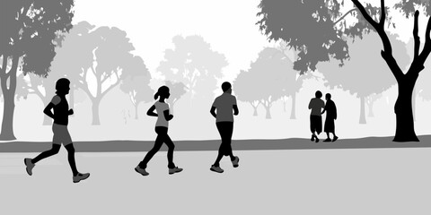 Flat vector silhouette of an early morning city park scene with people jogging and walking in the sunrise