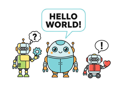 Cute robots cartoon saying Hello World programming concept