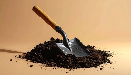 Trowel in soil heap on beige background.