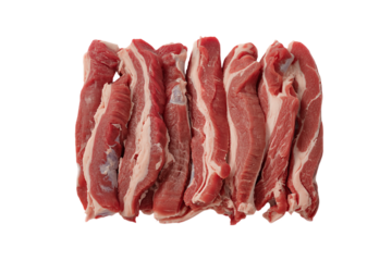 Raw Bacon Strips in Fresh Meat Display with Red and White Color on White Background for Food Advertising