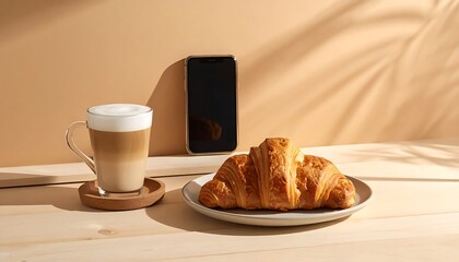 coffee and croissants on wooden table.