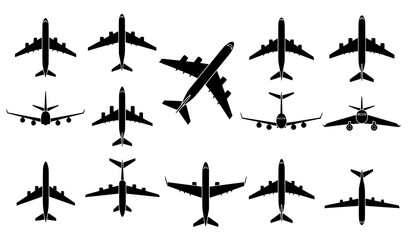Airplane top and front view silhouette vector set for aviation diagrams isolated on white