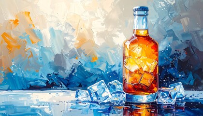 Whiskey bottle with ice on abstract background.