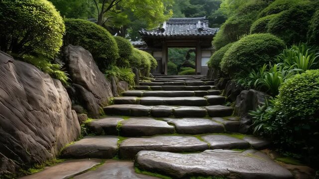 苔むした石段の先に寺院が見える静かな朝の風景