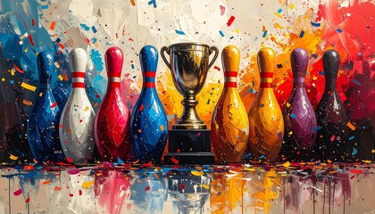 Colorful Bowling Pins with Trophy Championship Winner.