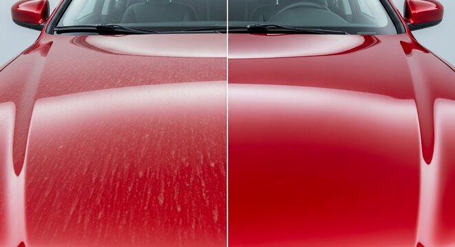 A split image of a red car hood, showing a dirty, water-spotted left side and a clean, shiny right side, illustrating a before and after effect of car care.
