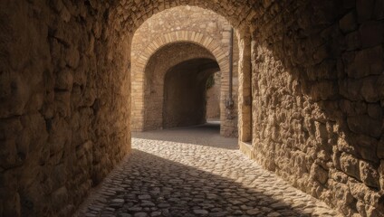Naklejka premium Sunlit Stone Tunnel - A Journey Through Ancient Architecture.