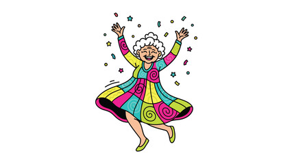 Obraz premium Joyful elderly woman dancing with confetti and stars.