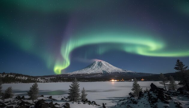 Majestic Aurora Borealis over snow-capped volcano and frozen lake at night. Stunning winter landscape under starry sky with glowing town lights. - Powered by Adobe