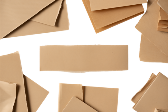 Brown envelopes in chaotic arrangement with blank label on white background for stationery design - Powered by Adobe