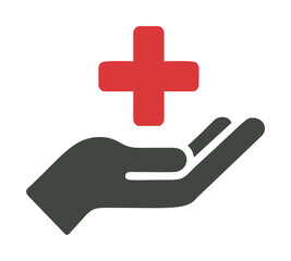 Hand with red medical cross vector, flat style healthcare support icon — stock vector
