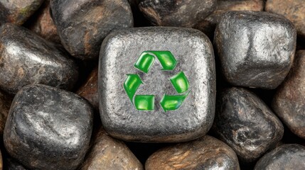 Medium shot of ecofriendly metal label stamped from recycled alloys reflecting sustainable manufacturing and green product branding.