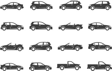 Fototapeta premium Variety of cars in different models and angles in black silhouette on white background