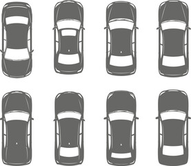 Fototapeta premium Overhead view of eight different cars in two rows on white background