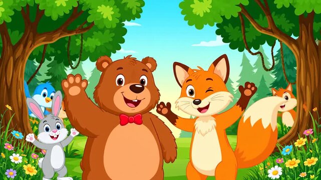 Cute cartoon bear and fox friends waving in a sunny forest.