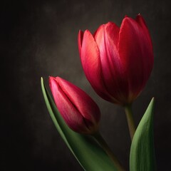 Two red tulips, one bud, with long leaves against a dark, moody background