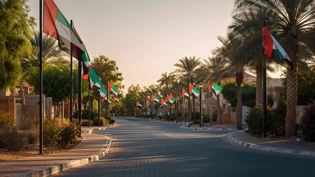 Flags Adorning a Serene Street Lined with Palm Trees in a Peaceful Neighborhood