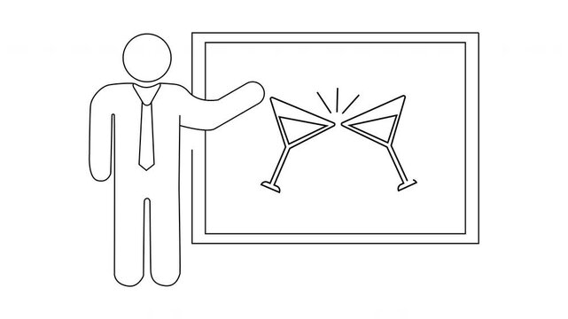 An outline depicts a man in a suit presenting a framed picture of clinking martini glasses