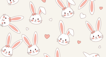 Obraz premium Sweet seamless pattern of cute cartoon girl bunny faces with pink bows and hearts on a lovely light beige background design.