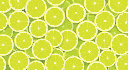 A bright and zesty background completely filled with vibrant, overlapping slices of fresh green and yellow lime citrus fruit.