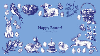 Vintage Easter hand drawn frame. Spring greeting cards and invitation design. Retro sketch vector illustration. Stickers collage elements