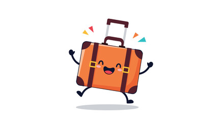 A cheerful orange cartoon suitcase character with a happy face, jumping for joy in anticipation of travel and adventure.