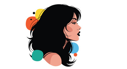 A modern and chic pop art style portrait of a stylish woman in profile with wavy black hair and bold makeup.