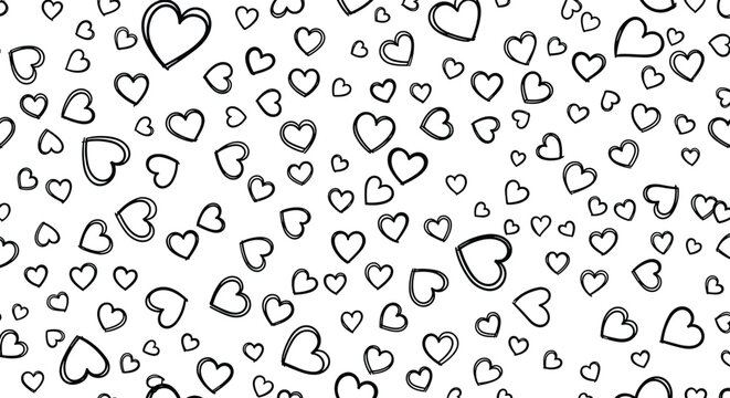A lovely seamless pattern of hand-drawn black outlined hearts in various sizes scattered across a clean white background.