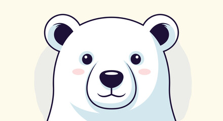 Naklejka premium A charming and friendly cartoon illustration of a cute polar bear's face with rosy cheeks on a light beige background.