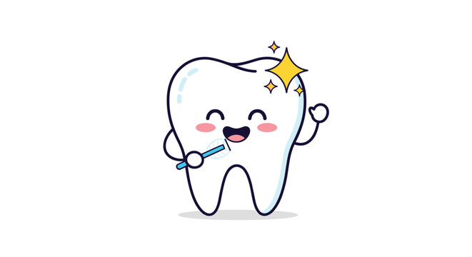 Adorable kawaii cartoon tooth character with a happy face brushing itself with a toothbrush, sparkling clean on a white background.