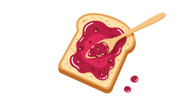 Cartoon illustration of a fresh slice of white bread with a generous spread of red berry jam and a small wooden spoon on top.