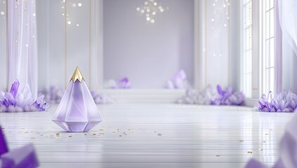 Luxurious purple crystal sculpture with golden accents in a bright room.