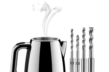 Stainless steel coffee pot with steam and drill bits isolated on transparent background