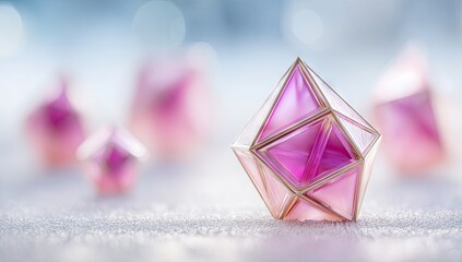 Geometric pink crystal shapes rest on a textured surface.