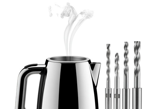Stainless steel coffee pot with steam and drill bits isolated on transparent background - Powered by Adobe