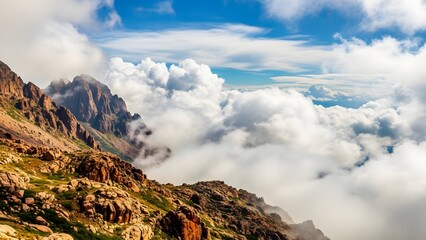 Mountain peak above the clouds on a sunny day