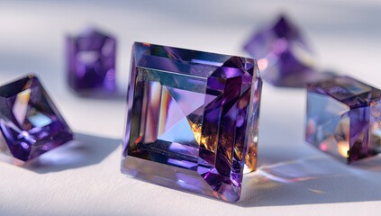 Several purple gemstones sparkle in bright sunlight, casting shadows.