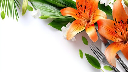 Elegant orange lilies and greenery adorn a table setting with cutlery.