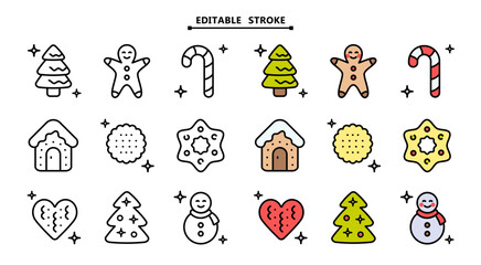 Christmas cookies icons set. Editable stroke. Different gingerbread cookies symbols. Christmas signs depicting various festive elements, bringing holiday cheer and wintertime spirit.