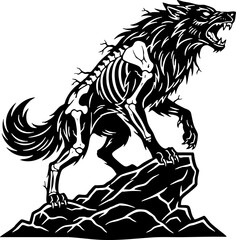 Furious skeletal wolf standing on rock vector illustration