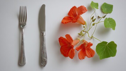 Silver fork and knife are placed beside orange flowers on a white surface.