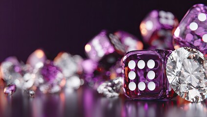 Purple dice and diamonds scattered on a reflective surface.