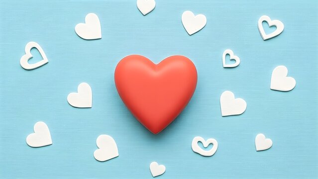 Vibrant red heart takes center stage amidst a scattering of delicate white hearts on a serene light blue background, symbolizing love and affection for romantic occasions