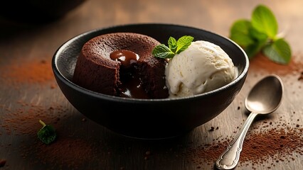 Decadent Molten Chocolate Lava Cake with Vanilla Ice Cream Scoop and Mint Garnish