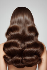 Naklejka premium Rear view of woman with long glossy wavy hair displaying healthy texture and volume