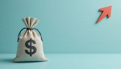 Money Bag with Dollar Sign and Arrow Indicating Financial Growth on Light Blue Background