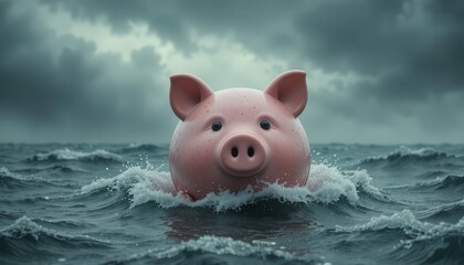 Floating Piggy Bank in Stormy Waters Symbolizing Financial Challenges and Investment Risks