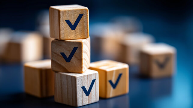 ISO certification wooden blocks, global and approval icons, compliance symbols on blue background, quality standards visualization, professional framework, with copy space