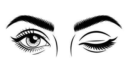 Black and white line art illustration of beautiful female eyes with a playful wink