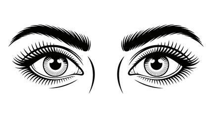 Intense black and white illustration of detailed female eyes with thick lashes and eyebrows